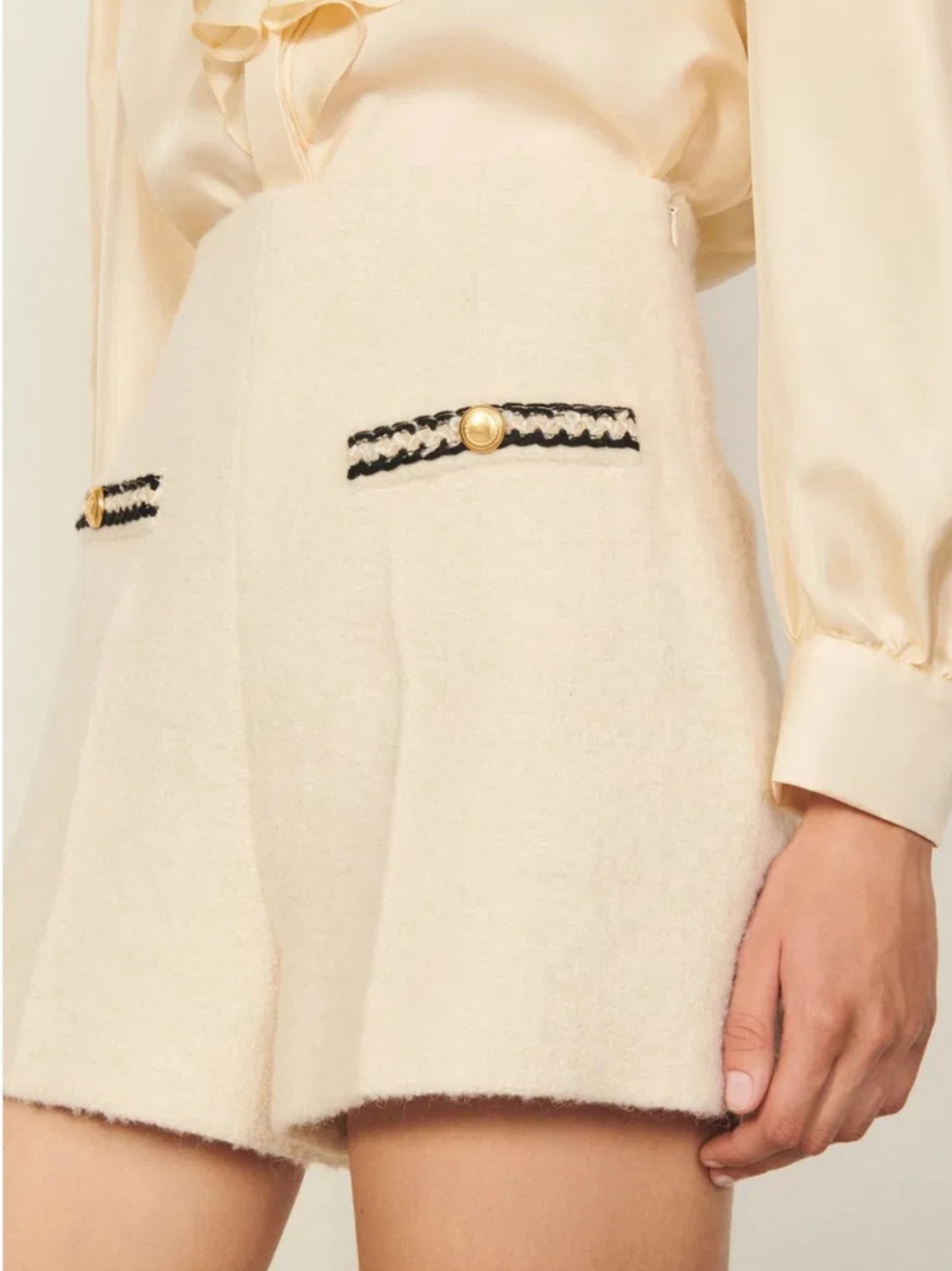 Cream High-Waist Mini Skirt with Gold-Button Trim